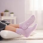 A South Asian woman in her late 20s wears soft lavender gel socks, her feet resting on a white cushion in a cozy bedroom.