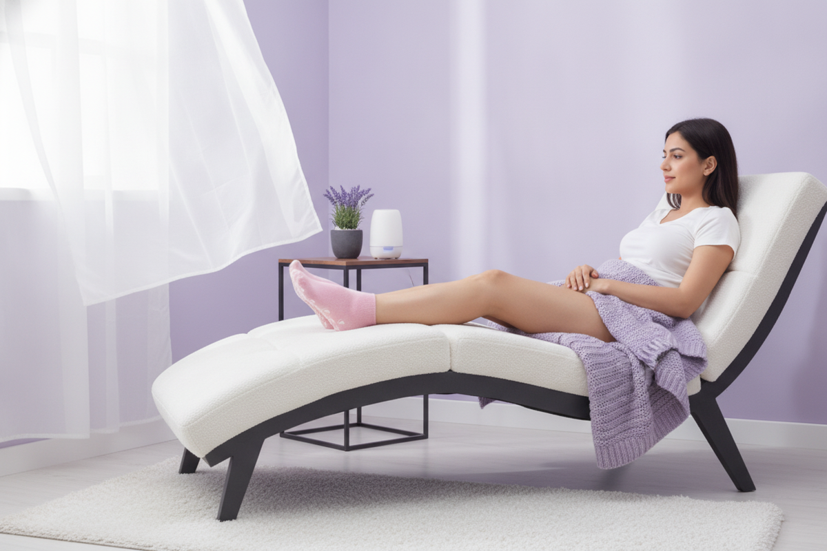 South Asian woman wearing white Healing Therapy Gel Socks, relaxing with feet elevated against a soft lavender and white back