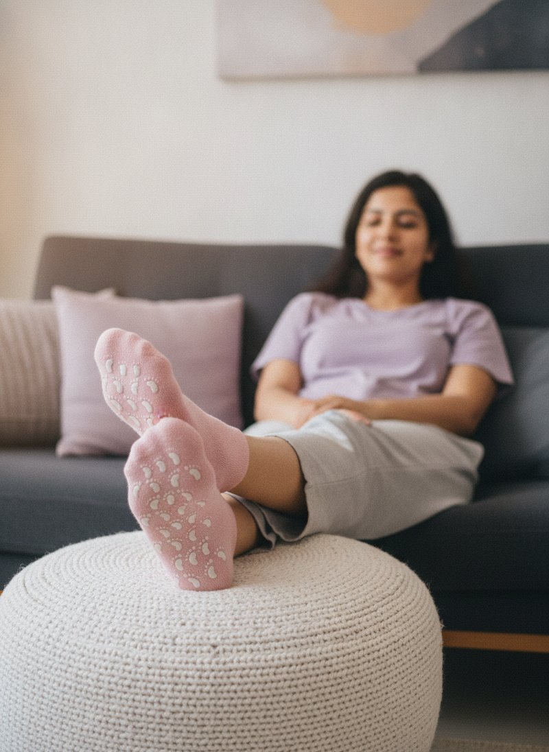 A South Asian woman, Priya Sharma, relaxes on a sofa, wearing white gel socks on her feet, with a content expression.