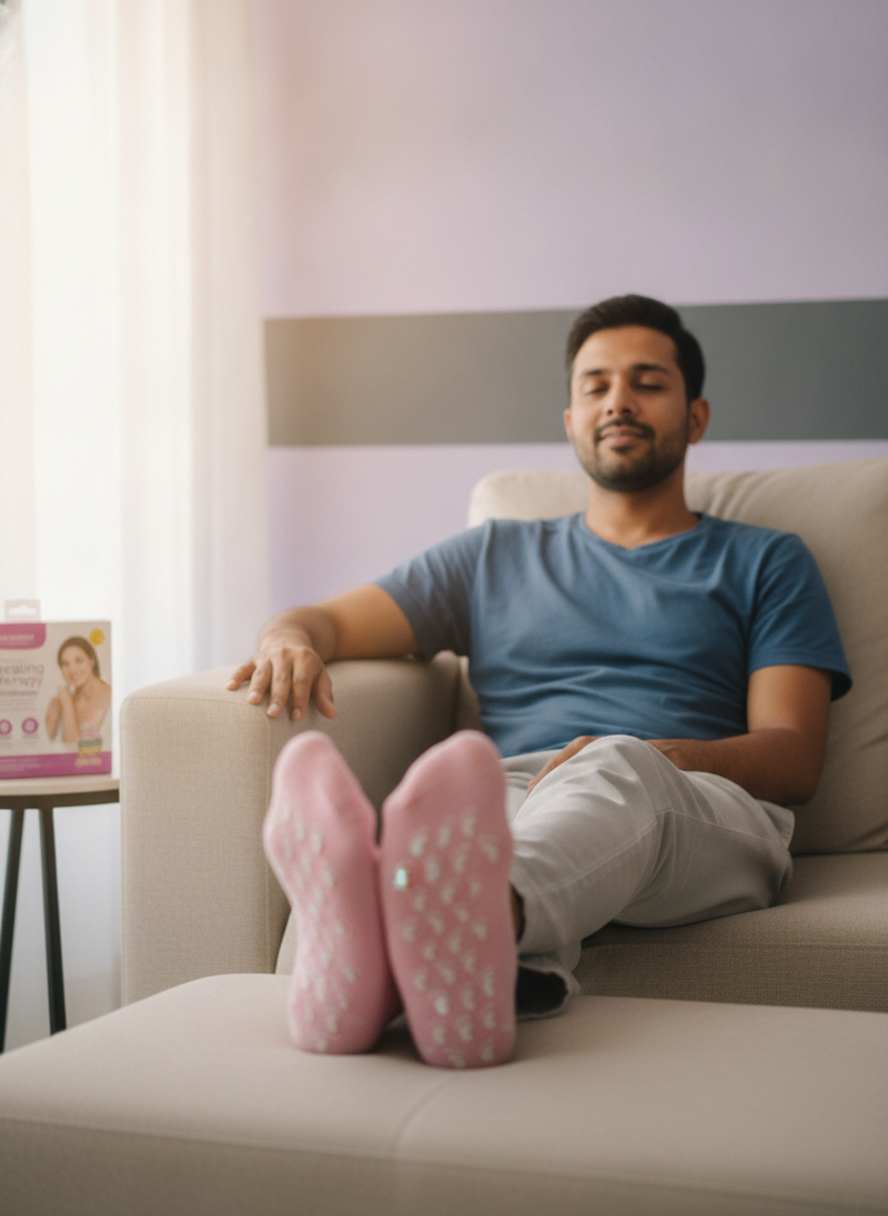 A South Asian man, Rahul Gupta, sits on a sofa with his feet elevated, wearing Healing Therapy Gel Socks, in a candid home ph