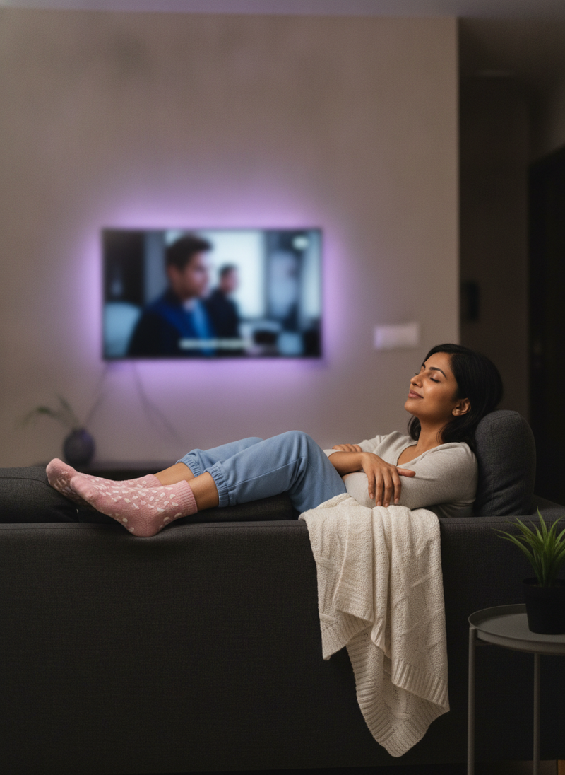 A South Asian woman wearing Healing Therapy Gel Socks, relaxing on a sofa and watching TV in a Mumbai apartment, looking reli